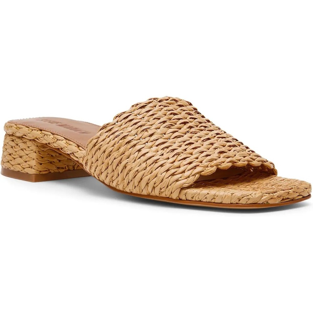 Steve Madden Hadyn Sandals Women 7 Woven Raffia Tan Block Heel Slide EUC